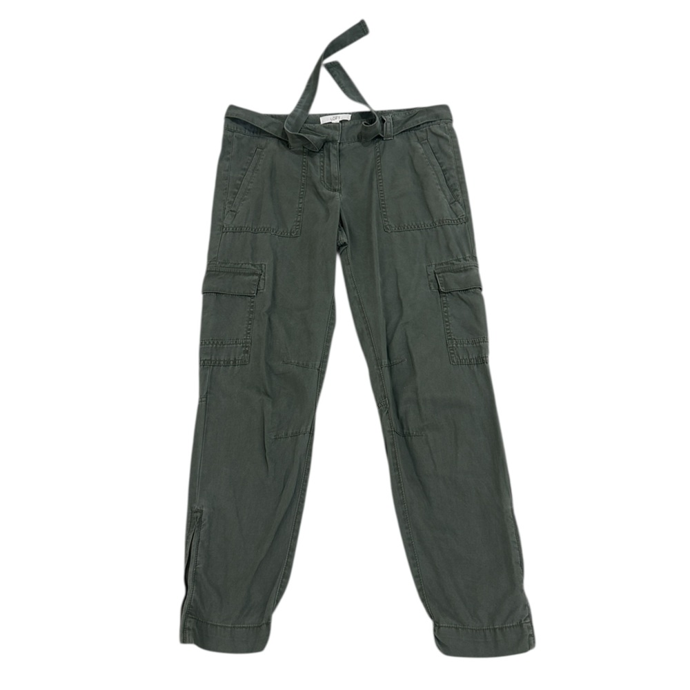 LOFT Olive Green Cargo cropped cotton Pants tie belt size 4